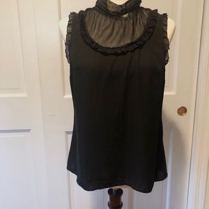 ModCloth Top Black Sleeveless Sheer Bodice Ruffle Collar Delicate Silver Thread